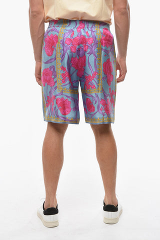 Silk Shorts with Acid Bouquet Motif and Side Striped