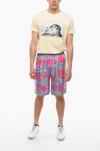 Silk Shorts with Acid Bouquet Motif and Side Striped