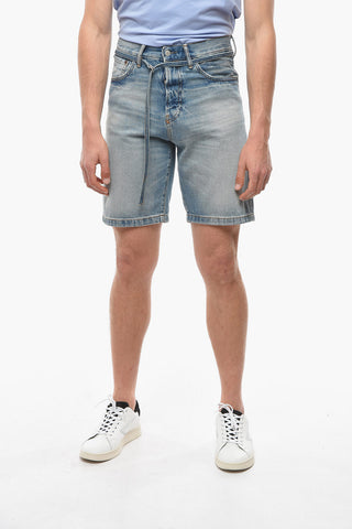 Shorts in Denim con Lavaggio Chiaro e Cintura