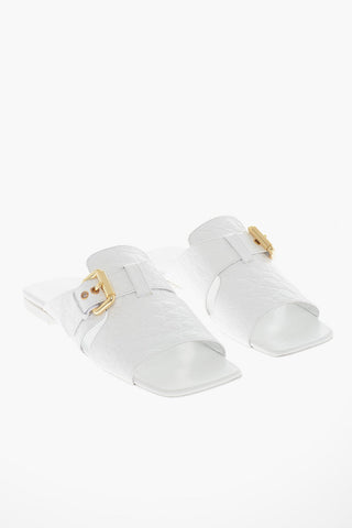Crocodile Effect Leather Sandals with Golden Buckle