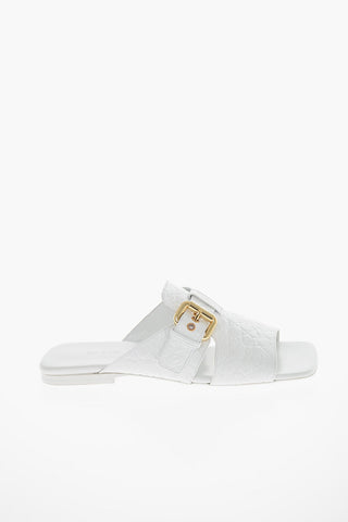 Crocodile Effect Leather Sandals with Golden Buckle