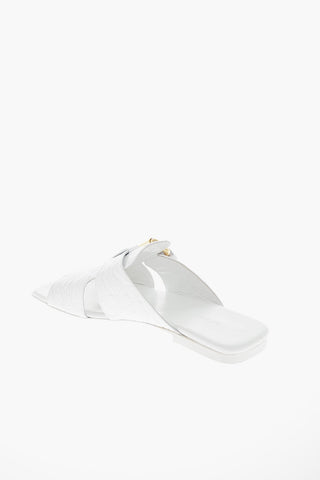 Crocodile Effect Leather Sandals with Golden Buckle