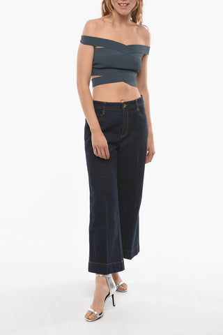 Wide Leg Cropped Jeans with Visible Stitching 30cm