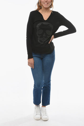 T-Shirt a Manica Lunga con Scollo a V e Teschio in Strass