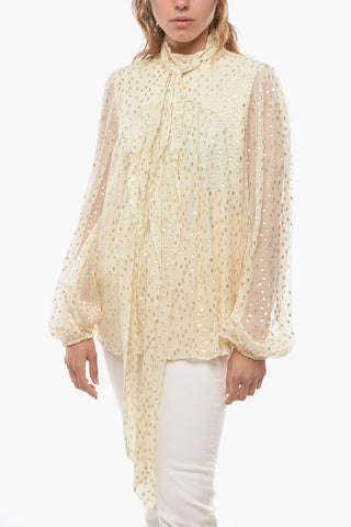 Lurex Polka Dots Silk Blouse with Bow Neck