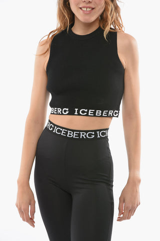 Ribbed Knit Cropped Top with Logoed Band