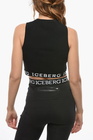 Ribbed Knit Cropped Top with Logoed Band