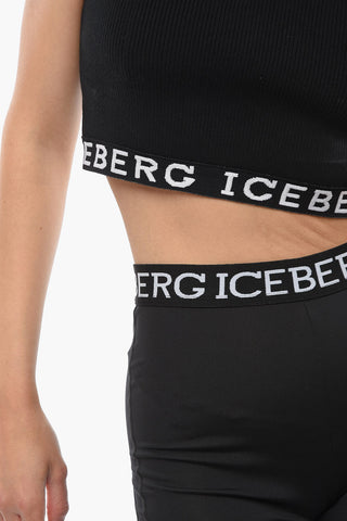 Ribbed Knit Cropped Top with Logoed Band