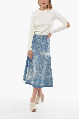 Acid Wash Effect Denim Maxi Flared Skirt