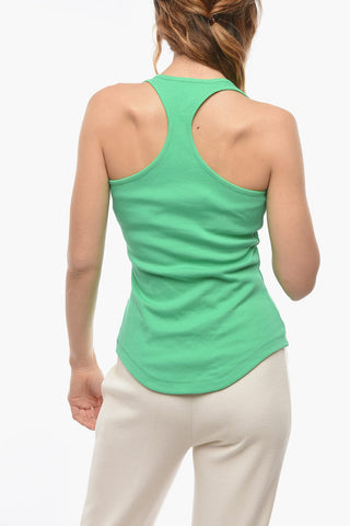 Sleeveless Top with Deep Neck-line and Logoed Metal Application