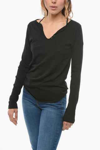 T-Shirt a Manica Lunga con Scollo a V e Teschio in Strass