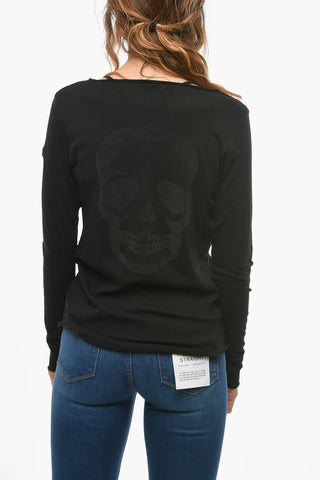 T-Shirt a Manica Lunga con Scollo a V e Teschio in Strass
