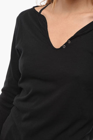 T-Shirt a Manica Lunga con Scollo a V e Teschio in Strass
