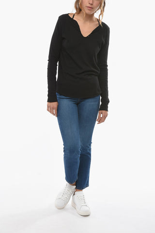 T-Shirt a Manica Lunga con Scollo a V e Teschio in Strass
