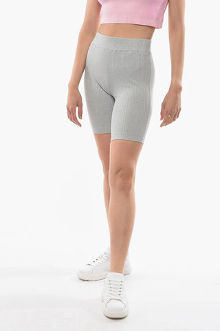 Ribbed Fabric Biker Shorts with Elasticated Waistband