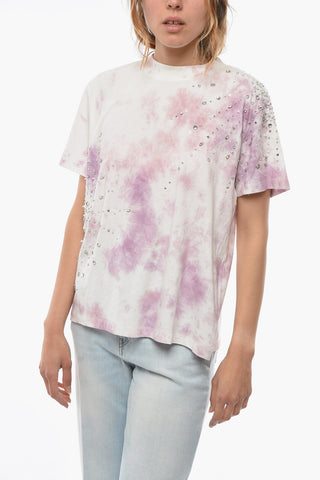 Acid Wash Effect Crew Neck T-shirt with Jewelry Decoration