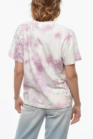 Acid Wash Effect Crew Neck T-shirt with Jewelry Decoration