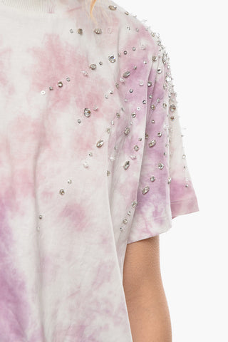 Acid Wash Effect Crew Neck T-shirt with Jewelry Decoration