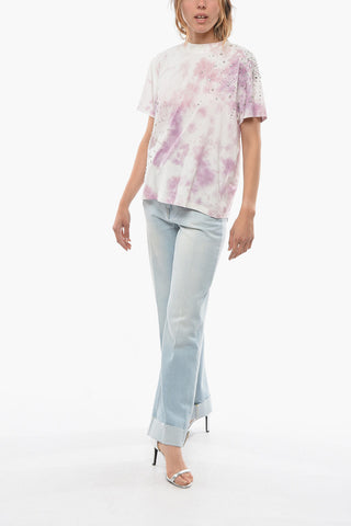 Acid Wash Effect Crew Neck T-shirt with Jewelry Decoration