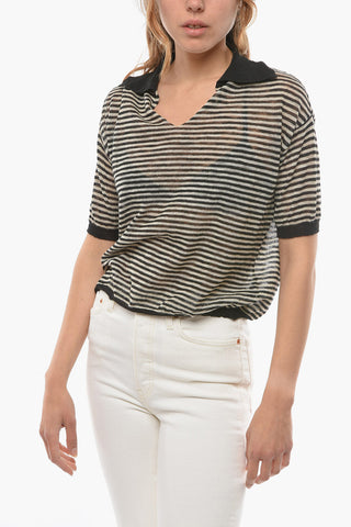 Awning Striped Two-Tone Sweater with Short Sleeve