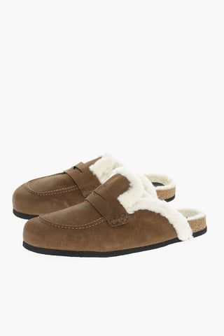 Suede Leather Sabot Padded With Faux Fur