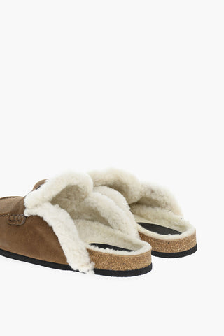 Suede Leather Sabot Padded With Faux Fur