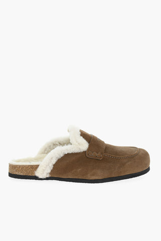 Suede Leather Sabot Padded With Faux Fur