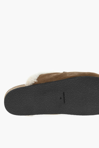Suede Leather Sabot Padded With Faux Fur