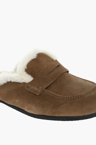 Suede Leather Sabot Padded With Faux Fur