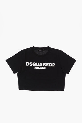 Crew-neck Cropped T-Shirt with Printed Logo