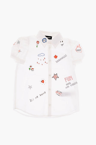 Puff Sleeve Shirt with Rhinestones and All-over Prints