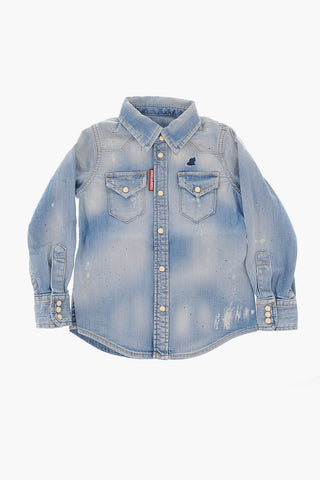 Distressed Denim Shirt with Double Breast Pockets
