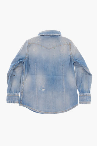 Distressed Denim Shirt with Double Breast Pockets