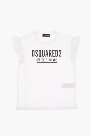 Logo Printed Crew-neck T-Shirt with Ruffle Sleeve