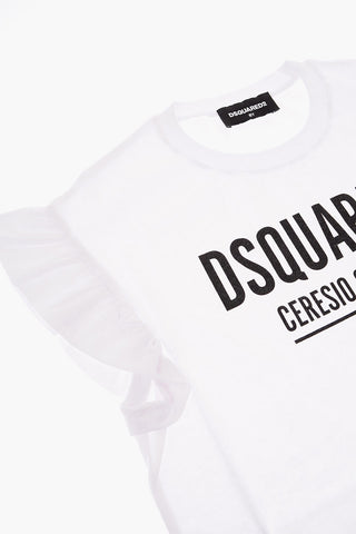 Logo Printed Crew-neck T-Shirt with Ruffle Sleeve