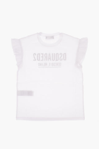 Logo Printed Crew-neck T-Shirt with Ruffle Sleeve