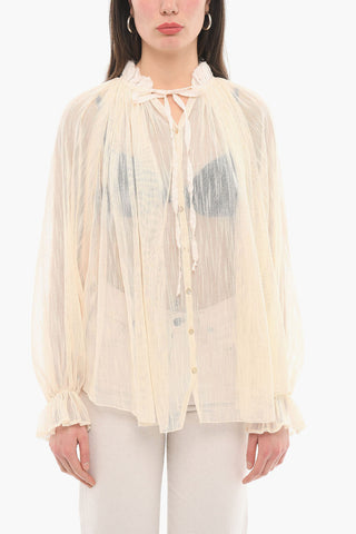 Ribbon Neck Sheer Long Sleeved Blouse