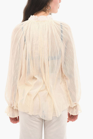 Ribbon Neck Sheer Long Sleeved Blouse