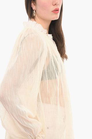 Ribbon Neck Sheer Long Sleeved Blouse