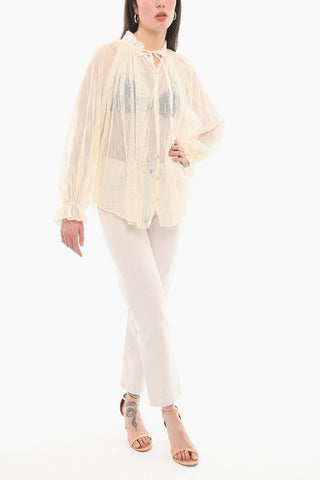 Ribbon Neck Sheer Long Sleeved Blouse