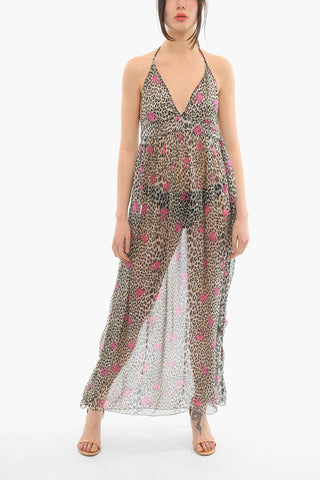 Vestito Maxi Stampato Sheer Con Schiena Scoperta