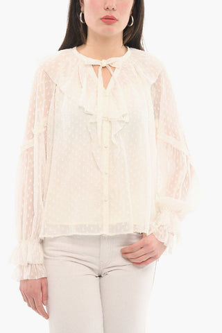 Long Sleeved Sheer AVA Blouse With Ribbon Neckline