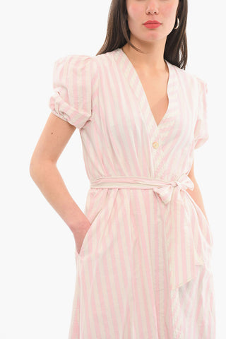 Stripe Print Puffed Short Sleeved Wallet Dress