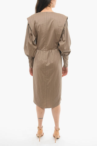 Vestito Gessato A Maniche Lunghe Con Collo A V