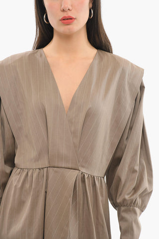 Vestito Gessato A Maniche Lunghe Con Collo A V