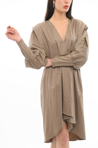 Vestito Gessato A Maniche Lunghe Con Collo A V