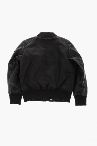 Solid Color JABBOTT Bomber Jacket with Faux Leather Sleeve