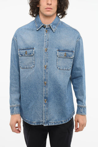 Overshirt in Denim Lavaggio Chiaro con Doppio Taschino