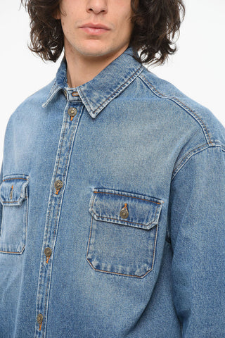 Overshirt in Denim Lavaggio Chiaro con Doppio Taschino