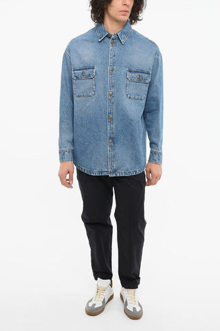 Overshirt in Denim Lavaggio Chiaro con Doppio Taschino